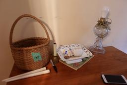 LOT INCLUDING HAND WOVEN BASKET FENTON DISH CONVERTED OIL LAMP