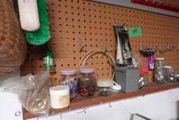 LOT OF BASKETS APPROXIMATELY 8 AND SHELF OF HARDWARE