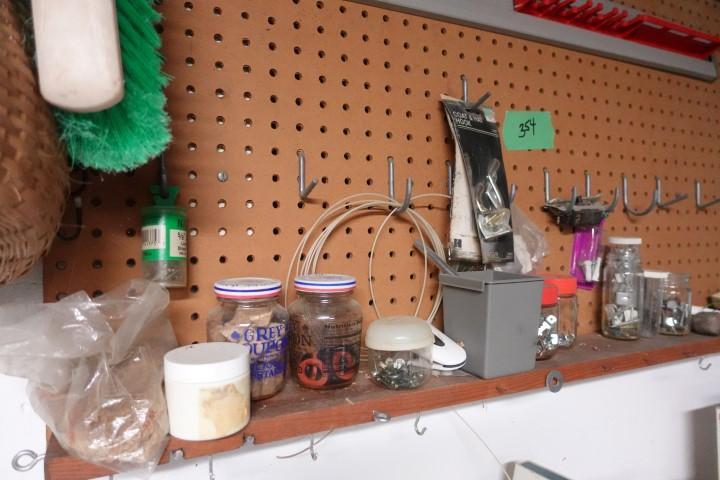 LOT OF BASKETS APPROXIMATELY 8 AND SHELF OF HARDWARE