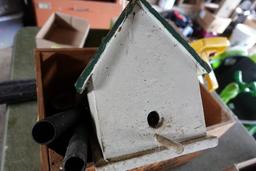 WOODEN COOKED HAM CRATE WITH BIRD HOUSE TAPE MEASURES AND MORE