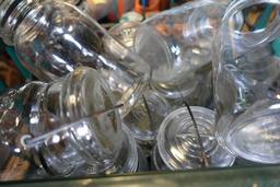 MILK CRATE FULL OF MISC TYPES AND SIZES CANNING JARS