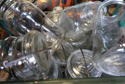 MILK CRATE FULL OF MISC TYPES AND SIZES CANNING JARS