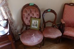 TWO VICTORIAN PARLOR CHAIRS AND SMALL PICTURE