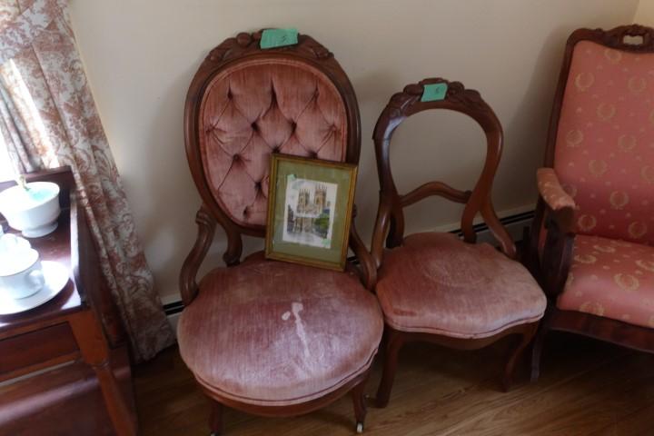 TWO VICTORIAN PARLOR CHAIRS AND SMALL PICTURE