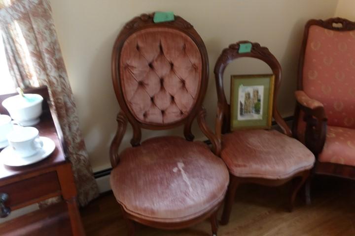 TWO VICTORIAN PARLOR CHAIRS AND SMALL PICTURE
