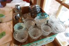 BOX LOT WITH SILVER PLATE COASTERS SALT AND PEPPER HOBNAIL AND DIAMOND PATT