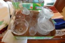 BOX LOT WITH DIAMOND PATTERN BOWLS GLASS CORDIAL CHAMPAGNE GLASSES PINK DEP