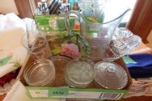 BOX LOT DIAMOND PATTERN GLASS COASTERS PITCHER AND MORE