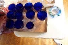 11 COBALT BLUE GLASSES WITH CRYSTAL VASES