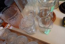3 PITCHERS INCLUDING PINK HOBNAIL AND IVY PATTERN