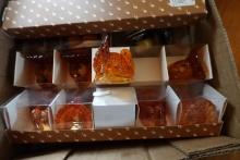 BOX WITH NEW TURKEY AMBER GLASS CANDLE HOLDERS PUMPKIN CHEESE KNIVES DECORA