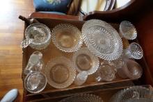2 BOXES DIAMOND PATTERN GLASS INCLUDING HONEY POTS VINEGAR CRUETS PERFUME B