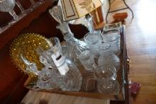 BOX LOT GLASSWARE INCLUDING SMYTH HAND CUT CRYSTAL VASE PRESSED GLASS DECAN