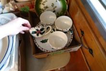 BOX OF CHRISTMAS DESSERT DISHES COFFEE MUGS FRENCH HAND PAINTED SERVING BOW