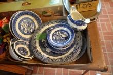 LOT OF BLUE WILLOW CHINA INCLUDING CHINA SERVING PLATTERS BOWLS GRAVY BOWL