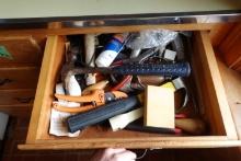 DRAWER LOT HAND TOOLS OYSTER KNIVES HARDWARE ETC