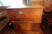 ANTIQUE DOUGH BOX LIFT TOP SING DRAWER AND DOOR TOP MEASURES 30 INCH X 18 X