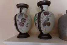 TWO HAND MADE VASES WITH EMBOSSED FLORAL DESIGN APROX 10 INCH