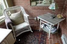 ANTIQUE WICKER END TABLE TOP MEASURES 22 X 23 AND ANTIQUE WICKER ROCKER