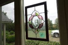 HANGING FRAMED STAINED GLASS WITH FLORAL DESIGN 16 INCH X 11 INCH
