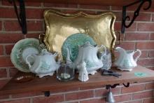SHELF LOT INCLUDING IRONSTONE COFFEE SET HAND PAINTED CREAMER AND SERVING T