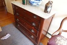 ANTIQUE MAHOGANY MARBLE TOP DRESSER CARVED PULLS WOODEN HOLES TOP 43 X 19 X