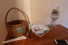 LOT INCLUDING HAND WOVEN BASKET FENTON DISH CONVERTED OIL LAMP
