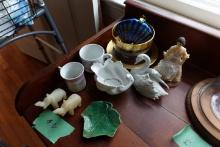 TABLE LOT INCLUDING GERMAN PORCELAIN SWAN BABY CUPS MERCURY GLASS PEACOCK C