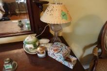 TABLE LOT INCLUDING OIL LAMP CONVERTED MILK GLASS HAND PAINTED BOWL