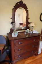 ANTIQUE MAHOGANY 3 DRAWER DRESSER OVAL MIRROR CARVED WOOD PULLS