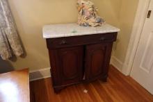 MAHOGANY MARBLE TOP WASH STAND WITH WOODEN PULLS MISSING BACK SPLASH 30 X 1
