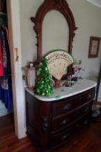 MAHOGANY MARBLE TOP DRESSER 3 DRAWERS CARVED PULLS AND WOODEN KEY HOLES MIS
