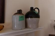 TWO ANTIQUE BROWN AND BEIGE SALT GLAZE JUG APPROX 1 GALLON AND 1 1/2 GALLON