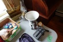 TABLE LOT INCLUDING NOTE HOLDER CONVERTED OIL LAMP CHRISTMAS VASE AND MORE