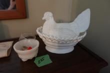 MILK GLASS HEN ON NEST AND SMALL BOWL