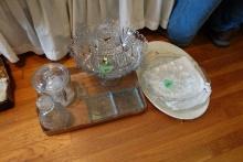 PRESSED GLASS PUNCH BOWL GLASS SEAGULL BOOKENDS DECANTERS LARGE MEAT PLATTE