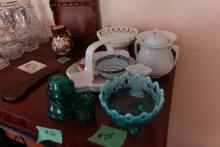TABLE LOT INCLUDING IRONSTONE COVERED BISCUIT JAR SERVING BOWLS HAND PAINTE
