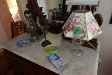 CONTENTS TOP OF DRESSER CANDELABRA OIL LAMP AND CONVERTED OIL LAMP WITH FLO