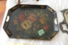 HAND PAINTED TOWLE TRAY AND LARGE SILVER PLATE FOOTED TRAY APPROX 31 INCH X