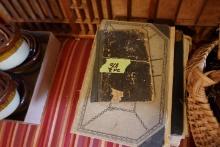 LOT OF VINTAGE LEDGERS DATED 1800S AND THREE BASKETS WITH CONTENTS