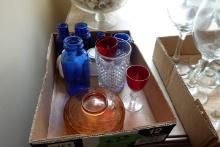 TABLE TOP LOT INCLUDING BLUE GLASS BOTTLES STEMWARE COVERED CANDY DISHES LO