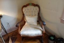 ANTIQUE OAK PLATFORM ROCKER CREAM UPHOLSTERY