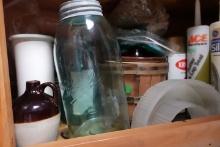 CABINET LOT INCLUDING VINTAGE BALL MASON JARS CROCKS COFFEE POTS GLASS CANI