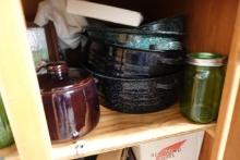 CABINET LOT INCLUDING CANNING JARS BEAN POTS AGATE ROASTERS AND VASES