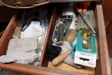 DRAWER LOT INCLUDING PAINT BRUSHES STAPLES TRIMMERS AND HOUSEHOLD HARDWARE