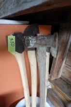 BUCKET OF TOOLS INCLUDING SPLITTING MAUL CUTTING AXE ANTIQUE BROAD AXES