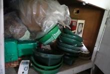 TWO WOODEN CABINETS WITH CONTENTS PLANTERS BASKETS VASES AND MORE