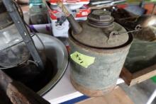ANTIQUE OIL LAMP WITH PORCELAIN BOWL FUEL CAN AND CLEAVER