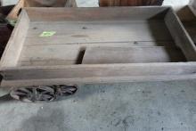 VINTAGE WOODEN WAGON WITH WOODEN SPOKE WHEELS NEEDS ASSEMBLY
