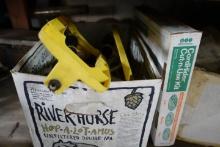 SHELF LOT WITH SPRINKLERS POWER TOOLS FUNNELS AND ROLLS OF PLASTIC